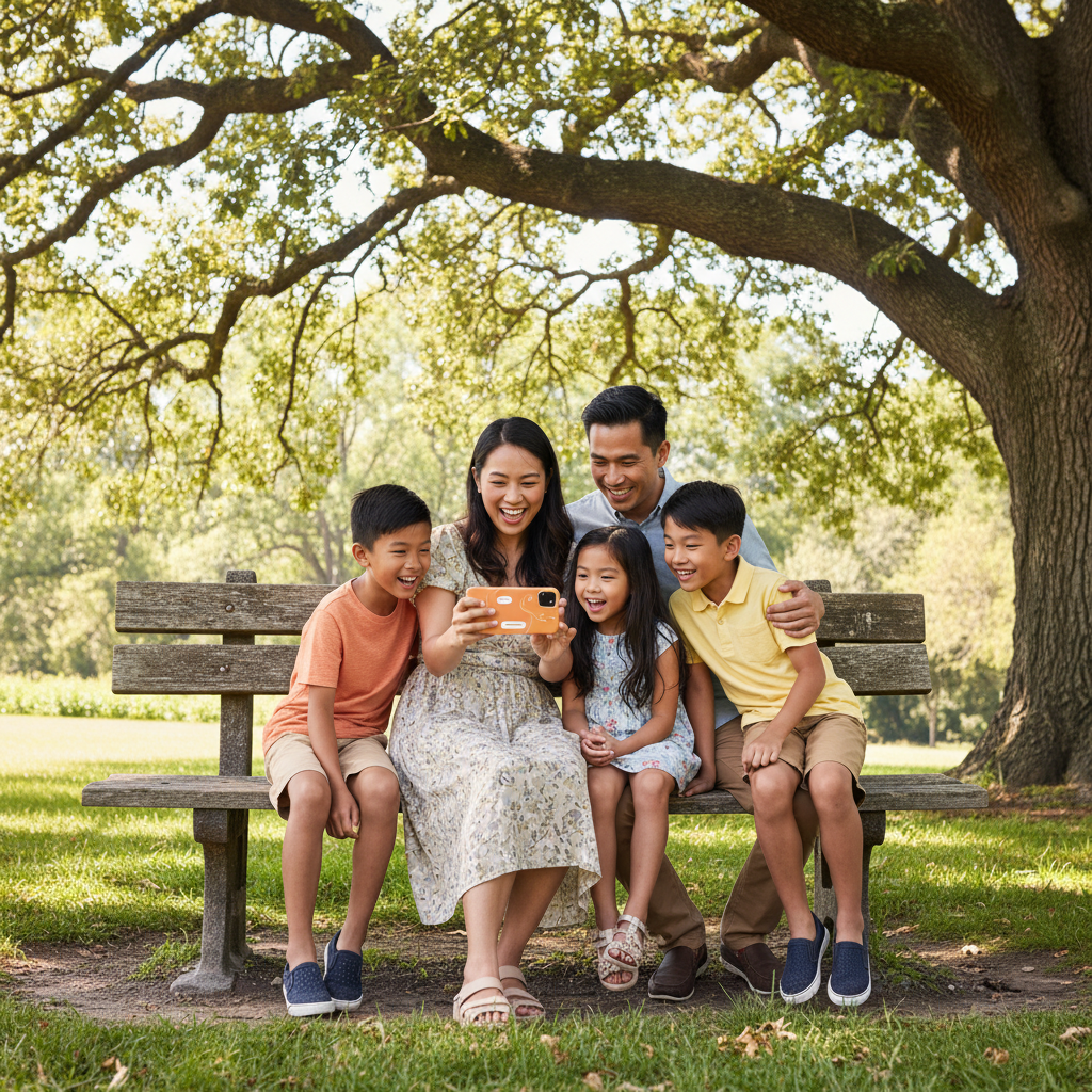 Family using AI assistant on mobile devices